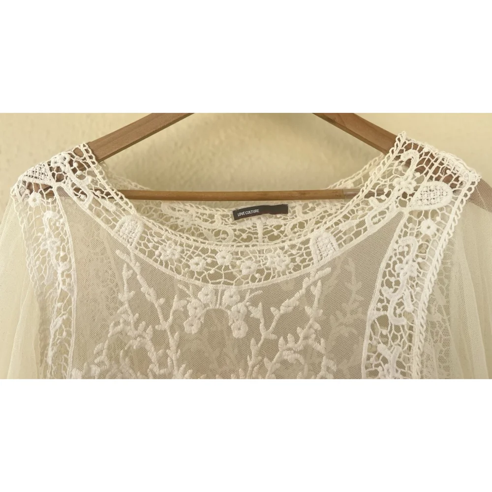 Love Culture Sheer Mesh Crochet Lace Bell Sleeve Blouse Boho Coquette Festival - Picture 2 of 8